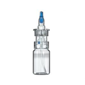 A transparent nasal spray bottle with an advanced preservative-free pump. The pump features a blue nozzle and a clear plastic body, designed for precise and hygienic dispensing.