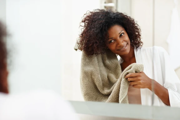 Woman drying her hair with a twoel after shampooing
