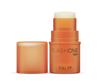 An orange cosmetic stick container. The packaging is labeled "FLASH ONE Aptar" and "FULL PP". The cap is separate, resting beside the container.