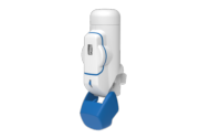 Aptar Pharma's white and blue Breath Actuated Inhaler (BAI) shown from a side angle with open door.