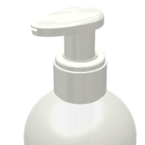 Close-up of the top portion of a white plastic dispensing pump with metal-free pathway labeled GSA bottle, commonly used for liquid soap or lotion, on a plain white background.