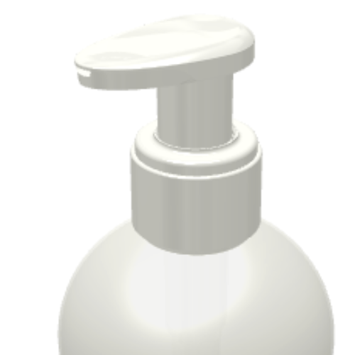 Close-up of the top portion of a white plastic dispensing pump with metal-free pathway labeled GSA bottle, commonly used for liquid soap or lotion, on a plain white background.