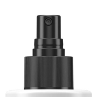 Close-up of a black spray nozzle with ribbed cap mounted on a white bottle, designed for fine mist dispensing, isolated against a white background.