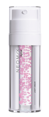 A white dual-chamber airless cosmetic pump bottle labeled NEOMIX with visible pink beads suspended inside a clear inner chamber, and the words Light Cream printed on the side.