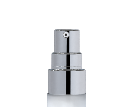 A shiny silver Micro-Dosage Cosmetic Pump named Eyes & Lips, shown upright against a plain white background, with a small circular opening at the top for precise dispensing of liquid.