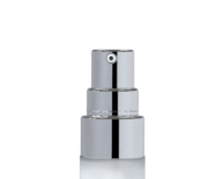 A shiny silver Micro-Dosage Cosmetic Pump named Eyes & Lips, shown upright against a plain white background, with a small circular opening at the top for precise dispensing of liquid.