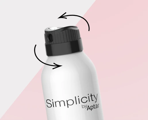 A white spray bottle labeled Simplicity by Aptar features an intuitive Twist-to-Lock aerosol actuator. Directional arrows are shown to illustrate the locking mechanism.