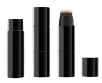 Three black cosmetic face sticks are arranged on a white background, showing capped, uncapped, and brush applicator versions.