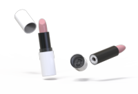 Two pink lipsticks with white and black refillable lipstick packaging float against a plain white background. One lipstick is open with the cap hovering above, while the other is closed and lying at an angle.