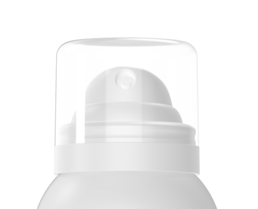 A close-up view of WS30,a white contemporary aerosol actuator with a transparent plastic cap,  the nozzle and upper part of the can against a white background.