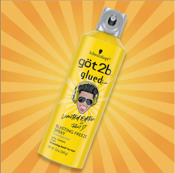 A yellow can of glued Blasting Freeze Spray featuring an aerosol actuator with bold design named Sirena, cartoon face in sunglasses and headphones,set against a sunburst orange background.