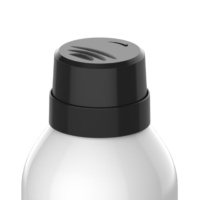 A close-up of Maya, a premium, customizable aerosol actuator  molded in black on a white plastic bottle, featuring three curved ridges and an arrow symbol on top.