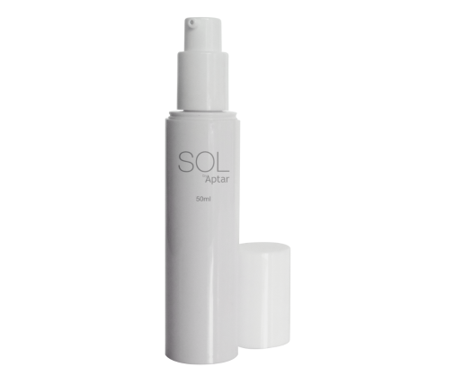 A white, High-Quality Airless pump bottle labeled SOL by Aptar 50ml stands upright with its matching cap beside it. The bottle features a minimalist design and a smooth finish.