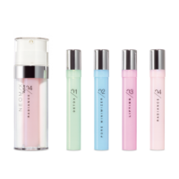 Five skincare products are shown: a dual-chamber airless pump bottle labeled NEOMIX Radiance and four slim tubes labeled Detox, Pore Minimizer, Lifting, and Radiance in pastel green, blue, pink, and light pink.