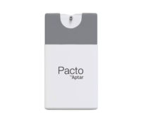 A white and gray rectangular spray container labeled Pacto by Aptar, featuring a small circular nozzle at the top center an ideal pocket-size beauty packaging solution.