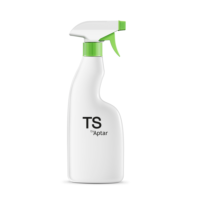 A reliable and versatile trigger spray, this white plastic bottle with a green trigger and collar, labeled TS by Aptar, stands upright against a plain white background.