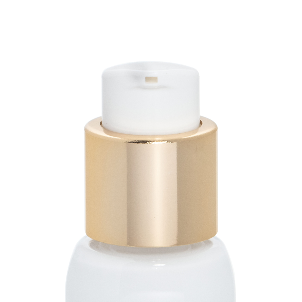 Close-up of a white plastic bottle featuring a reliable cosmetic pump labeled Evoclassic with a gold-colored dispenser, photographed on a plain white background.