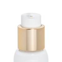 Close-up of a white plastic bottle featuring a reliable cosmetic pump labeled Evoclassic with a gold-colored dispenser, photographed on a plain white background.