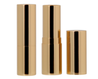 Three sleek, shiny gold cylindrical lipstick tubes are standing upright in a row against a white background, with the middle tube slightly taller showcasing the elegant design of Aptar non-guided lipstick packaging