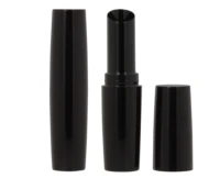 Three black cylindrical guided lipstick packaging cases are shown: one closed, one open with the lipstick twisted up, and one cap standing upright. All feature a glossy finish against a white background.