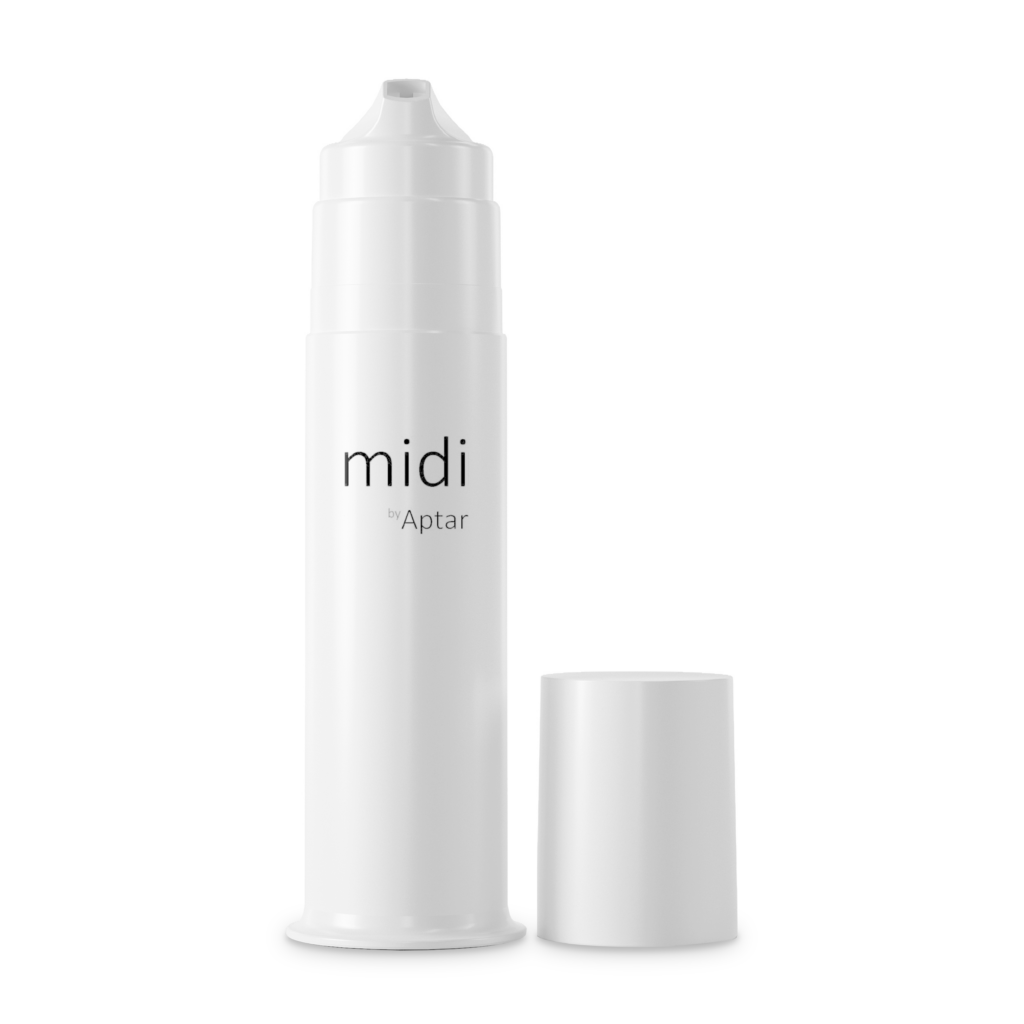 A white cylindrical bottle labeled midi by Aptar stands upright with its matching white cap beside it on a plain white background, showcasing airless packaging for high-viscosity formulas.