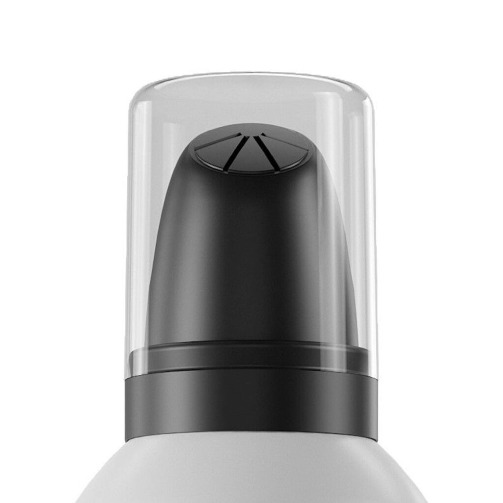 A close-up of a gray aerosol spray can featuring a Black classic inverted foam aerosol actuator named S14 with a transparent plastic cap, set against a white background.