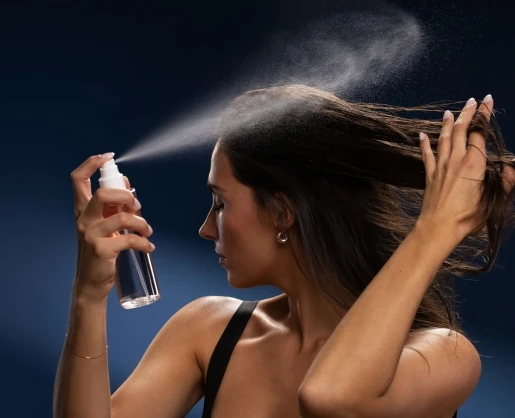 A person holds up their hair while spraying a fine mist from a clear bottle with a white pump toward the hair against a dark blue background.