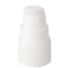 A white plastic  high-performing pump for viscous formulas nozzle with a textured neck finish, designed for dispensing liquids from a bottle.