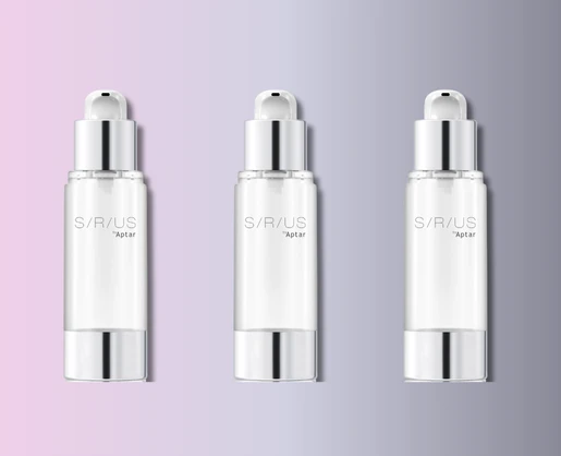 Three classic premium airless packaging with silver caps, labeled SIRIUS Aptar, are displayed side by side against a soft pink and purple gradient background.