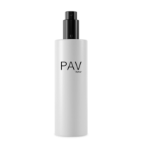 A tall, white cylindrical bottle with a black customizable spray pump. The label reads PAV and Aptar in simple black text. The design is minimalistic and modern.