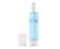 A clear airless glass dispenser filled with blue gel labeled ASTREA Aptar 50 ml stands upright next to its removed white cap on a plain white background.