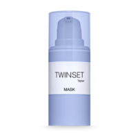 A light blue cylindrical cosmetic bottle with a clear cap, featuring 2-in-1 Airless Packaging, labeled TWINSET by Aptar  in black text on a white band around the middle, shown against a white background.