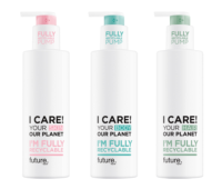 Three white bottles with fully recyclable dispensing pump named Future, each labeled I CARE! YOUR SKIN/BODY/HAIR OUR PLANET. Pumps and text accents are pink, blue, and green to match each bottle purpose.