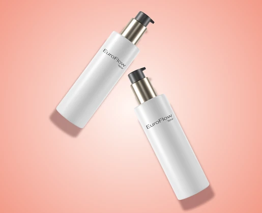 Two white bottles, each featuring a premium high-performance dispensing pump, appear to float diagonally across a soft pink gradient background. The bottles are labeled EuroFlow Premium.