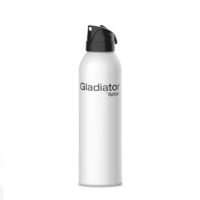 A tall, white aerosol can with a black nozzle and cap, featuring an ergonomically-designed aerosol actuator, labeled Gladiator by Aptar in black text, set against a plain white background.