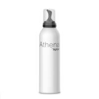 A white aerosol labeled Athena by Aptar features a curved inverted aerosol actuator nozzle, standing upright on a white background.