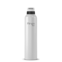 A tall, cylindrical white bottle features a twist-to-lock aerosol actuator for foam and is labeled Ringo Aptar on the front, standing upright on a plain white background.
