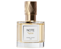 A clear glass perfume bottle with a gold cap, featuring a Fragrance Applicator and pale yellow liquid inside. The label reads NOTE by Aptar INTENSE / EXTRAIT in black and gold text.