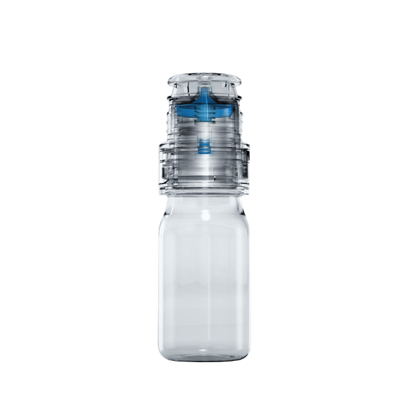 A transparent Aptar Pharma ophthalmic squeeze dispenser featuring a clear bottle with a transparent cap and nozzle, along with a visible blue internal component designed for precise eye care drop dispensing.