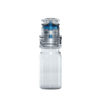 A transparent Aptar Pharma ophthalmic squeeze dispenser featuring a clear bottle with a transparent cap and nozzle, along with a visible blue internal component designed for precise eye care drop dispensing.