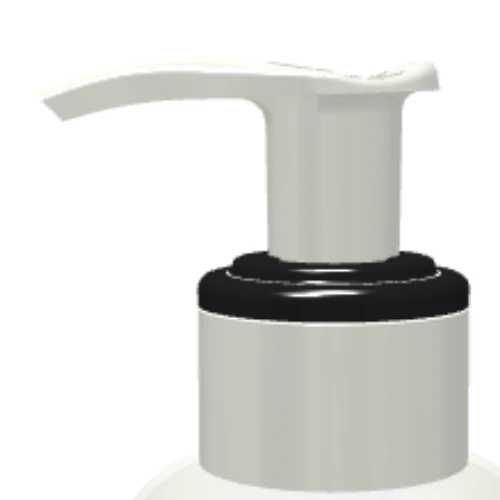Close-up of GSA in white, a dispensing pump with a metal-free pathway, and black collar, typically used for lotion or liquid soap bottles, against a white background.