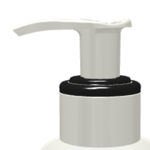 Close-up of GSA in white, a dispensing pump with a metal-free pathway, and black collar, typically used for lotion or liquid soap bottles, against a white background.