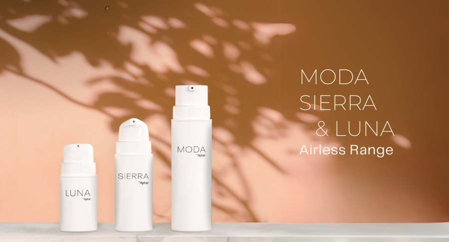 Three Aptar Beauty Airless solutions, Luna, Sierra and Moda are arranged in a line