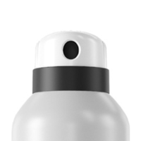 A close-up of the top part of a white spray can with a black band and a round dual-spray aerosol actuator named Apollo nozzle on a plain white background.