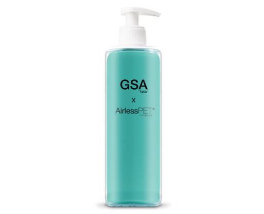 A teal plastic lotion pump labeled GSA Airless bottle labeled GSA x AirlessPET with a white pump dispenser, shown against a white background.