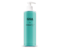A teal plastic lotion pump labeled GSA Airless bottle labeled GSA x AirlessPET with a white pump dispenser, shown against a white background.
