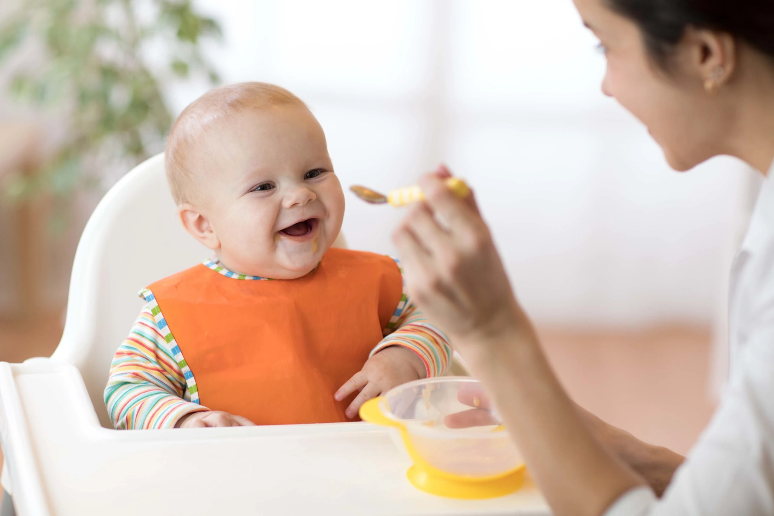 Mother feeding an infant in a highchair