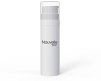 A white cylindrical plastic airless bottle labeled Nouvelle by Aptar with a clear plastic cap, featuring customizable airless packaging, stands upright on a plain white background.