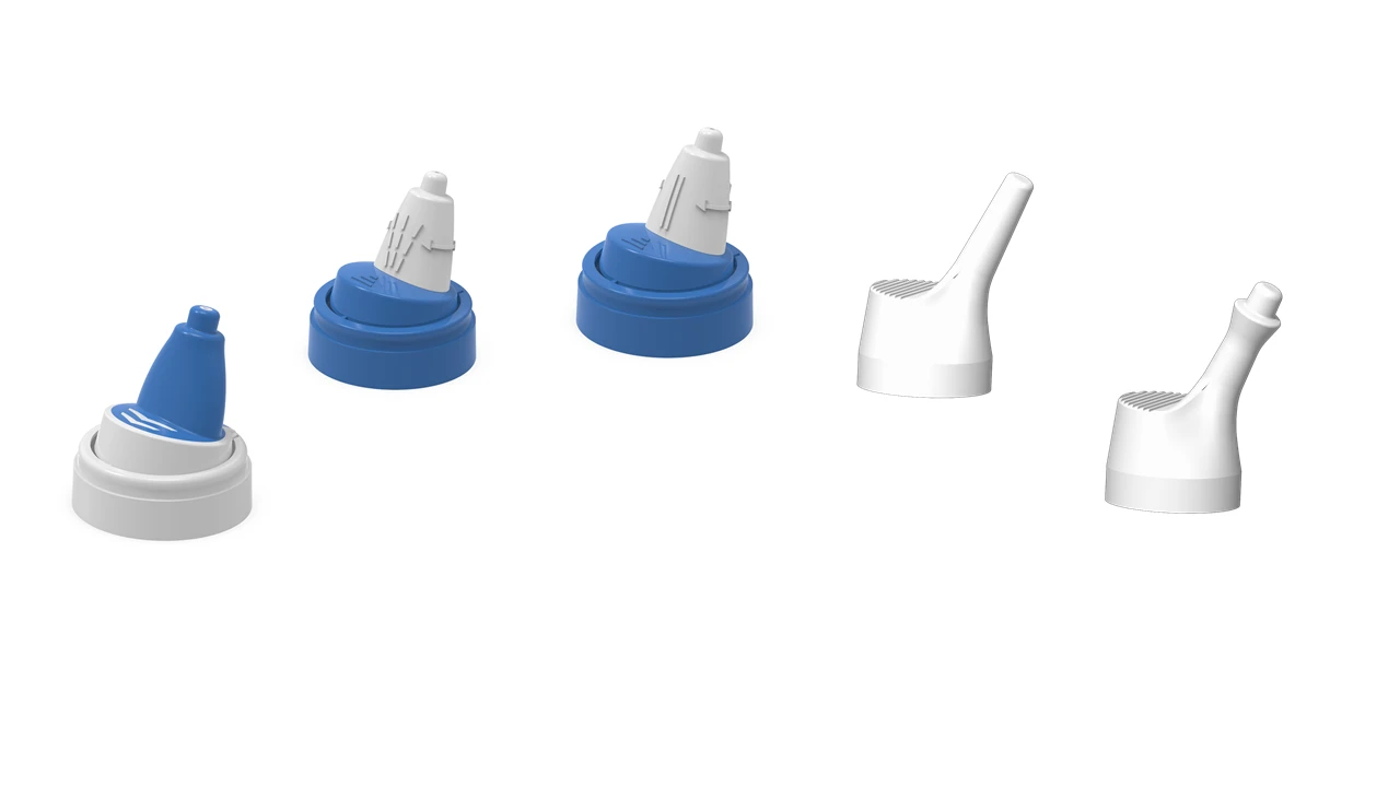 Five ergonomic spray actuators from Aptar Pharma’s Bag-On-Valve system, featuring blue and white designs for precise, controlled delivery.