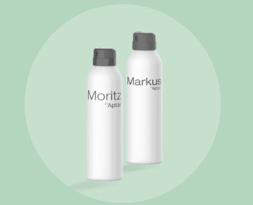 Two white spray bottles with gray actuators, featuring the Classic Twist to Lock Aerosol Actuator, labeled Moritz by Aptar and Markus by Aptar, standing on a light green circular background.